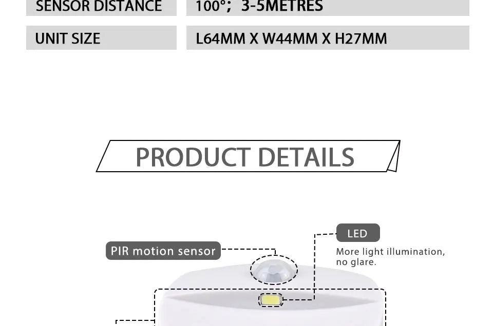 PIR Motion Sensor LED Night Light for Cabinet, Closet & Stairs