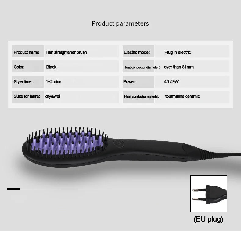 Ceramic Hair Straightener Brush Fast Heating Smoothing Styling Tool