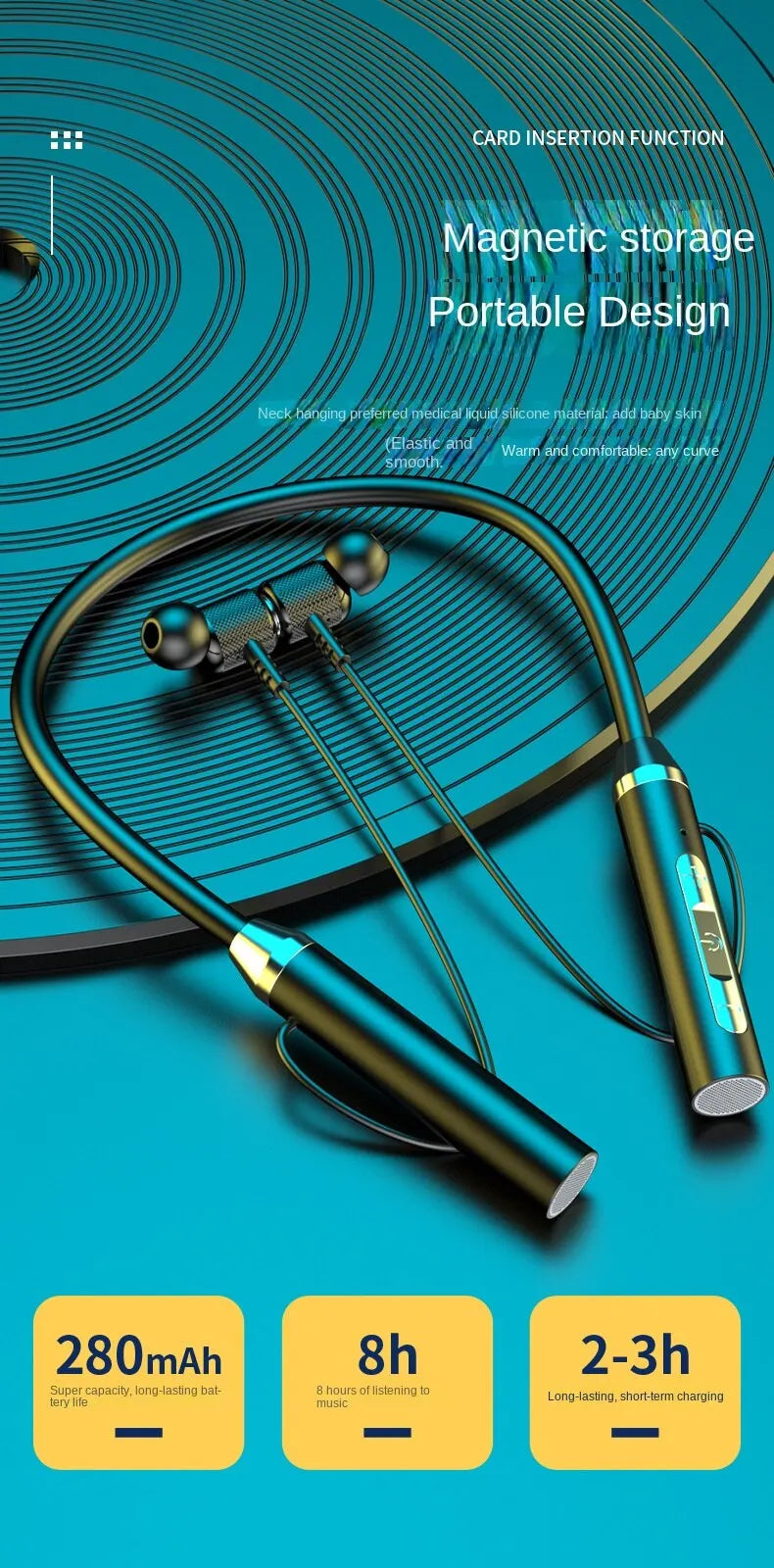 Wireless Bluetooth Neckband Earphones with Mic for Sports & Travel
