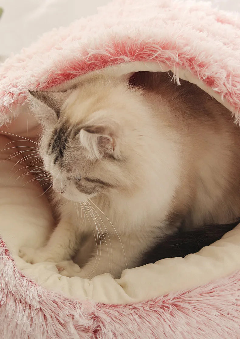 Autumn Winter Soft Plush Pet Bed — Semi-Enclosed Cat Nest | Warm Comforter Shell Cat House | Cozy Kitten & Small Dog Sleeping Nest