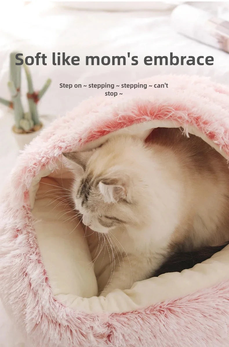 Autumn Winter Soft Plush Pet Bed — Semi-Enclosed Cat Nest | Warm Comforter Shell Cat House | Cozy Kitten & Small Dog Sleeping Nest