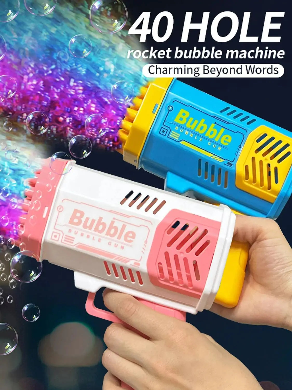 🚀 40-Hole Mega Bubble Machine | Automatic Light-Up Bubble Gun ✨