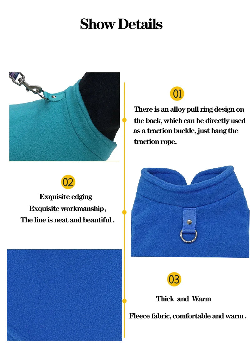 Warm Fleece Dog Jacket Vest With D-Ring | Pet Clothes For Small Dogs & Cats | French Bulldog Chihuahua Coat