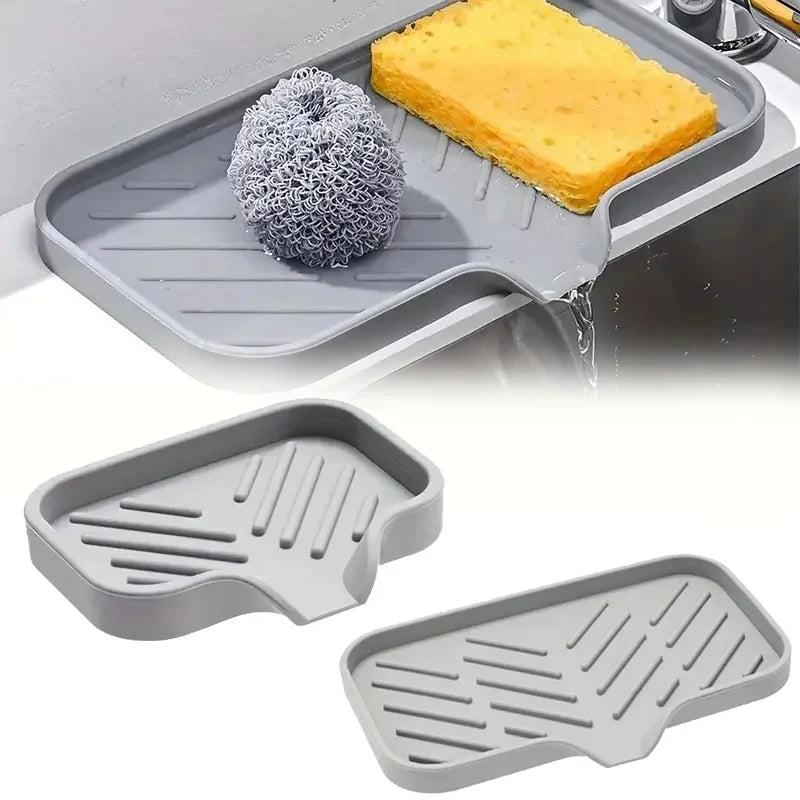 Silicone Sink Tray With Drain | Soap Sponge Storage Holder | Countertop Scrubber Brush Storage Rack | Kitchen Organizer