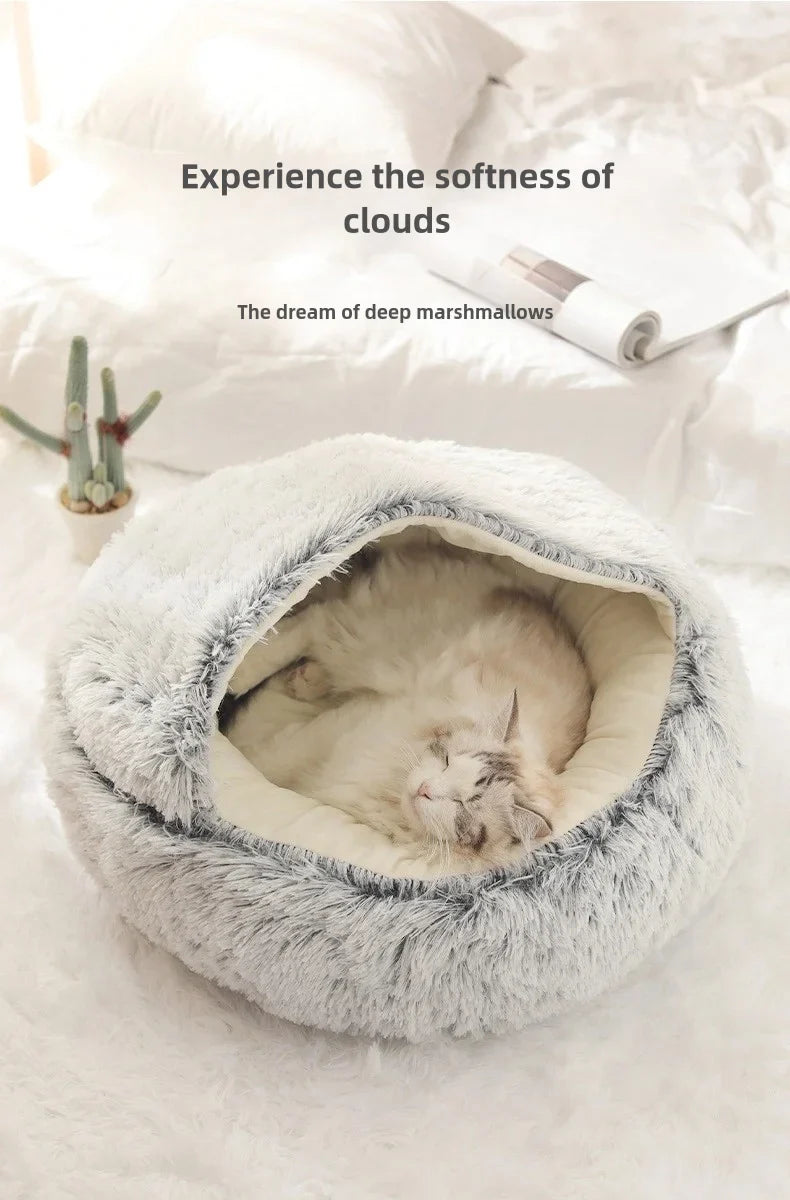 Autumn Winter Soft Plush Pet Bed — Semi-Enclosed Cat Nest | Warm Comforter Shell Cat House | Cozy Kitten & Small Dog Sleeping Nest