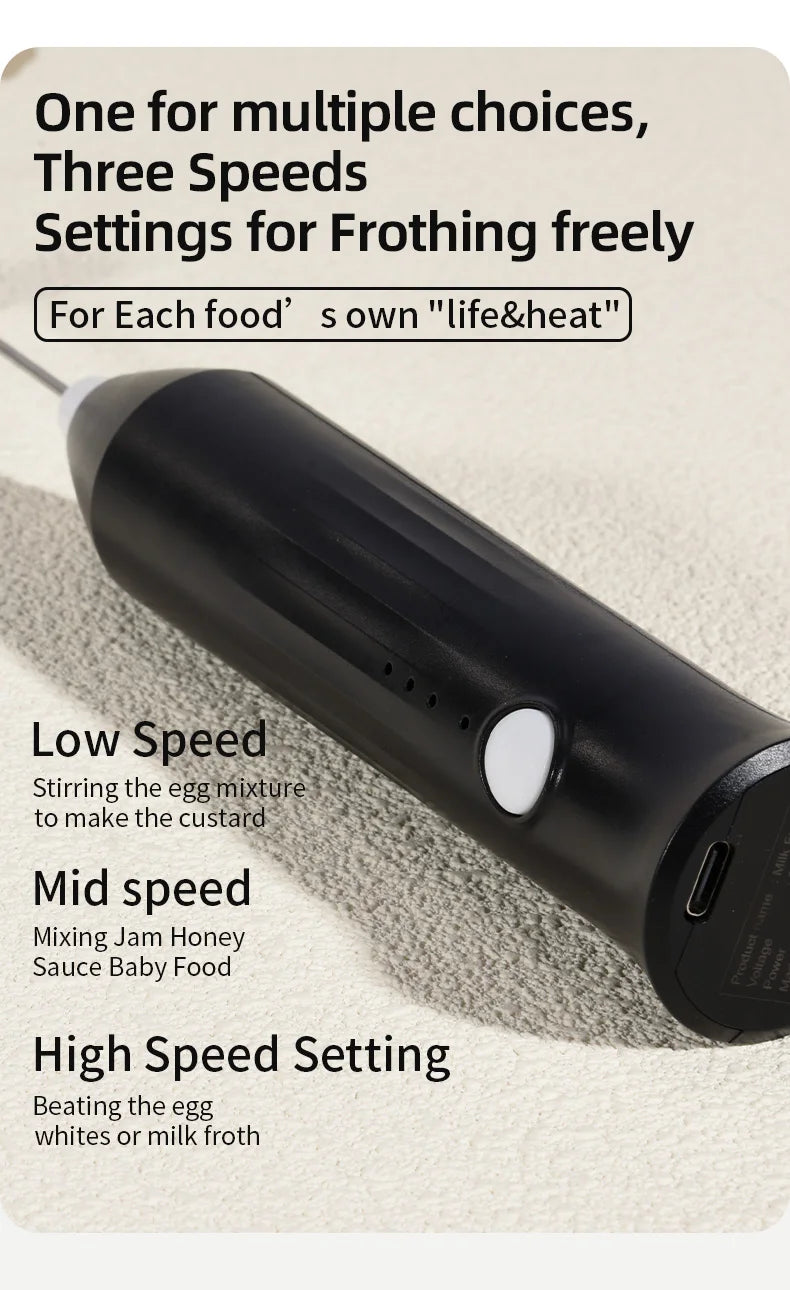 USB Rechargeable 3-Speed Handheld Milk Frother, Egg Beater & Drink Mixer for Coffee, Latte and Espresso