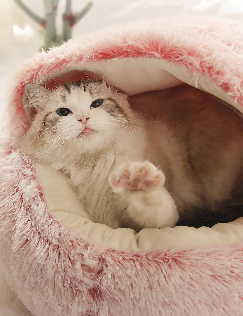 Autumn Winter Soft Plush Pet Bed — Semi-Enclosed Cat Nest | Warm Comforter Shell Cat House | Cozy Kitten & Small Dog Sleeping Nest