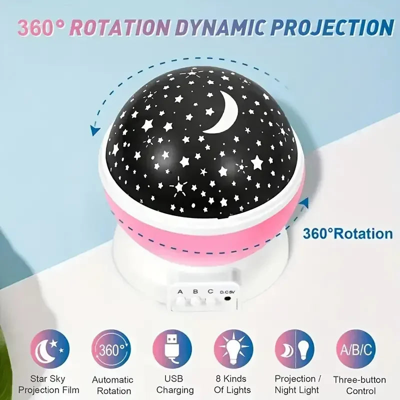 Moon and Stars Night Light Projector | USB 360° Rotating Lamp