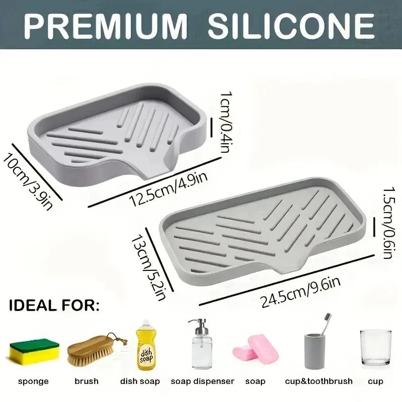 Silicone Sink Tray With Drain | Soap Sponge Storage Holder | Countertop Scrubber Brush Storage Rack | Kitchen Organizer