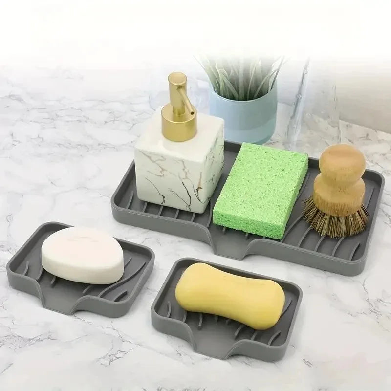 Silicone Sink Tray With Drain | Soap Sponge Storage Holder | Countertop Scrubber Brush Storage Rack | Kitchen Organizer
