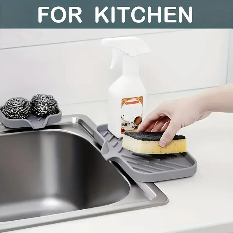 Silicone Sink Tray With Drain | Soap Sponge Storage Holder | Countertop Scrubber Brush Storage Rack | Kitchen Organizer