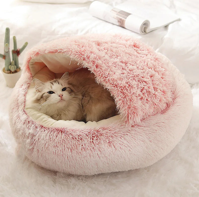 Autumn Winter Soft Plush Pet Bed — Semi-Enclosed Cat Nest | Warm Comforter Shell Cat House | Cozy Kitten & Small Dog Sleeping Nest