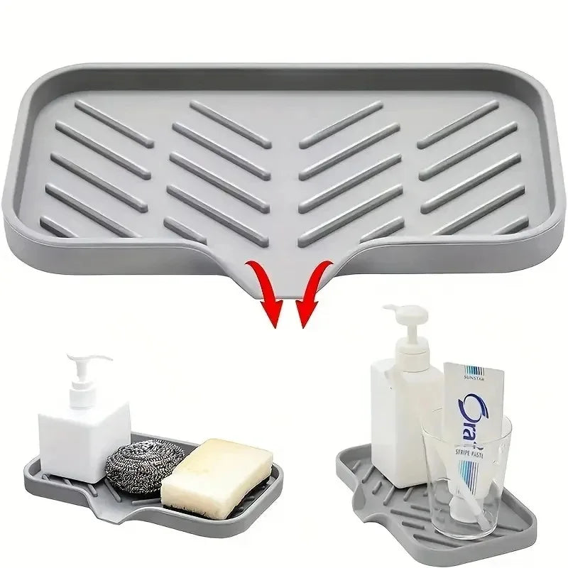 Silicone Sink Tray With Drain | Soap Sponge Storage Holder | Countertop Scrubber Brush Storage Rack | Kitchen Organizer