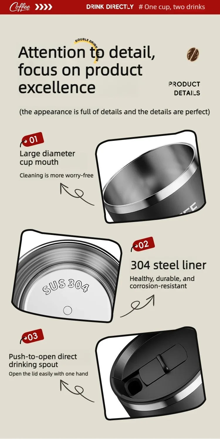 400ML Double Wall 304 Stainless Steel Insulated Coffee Mug with Sealed Lid for Hot & Cold Drinks