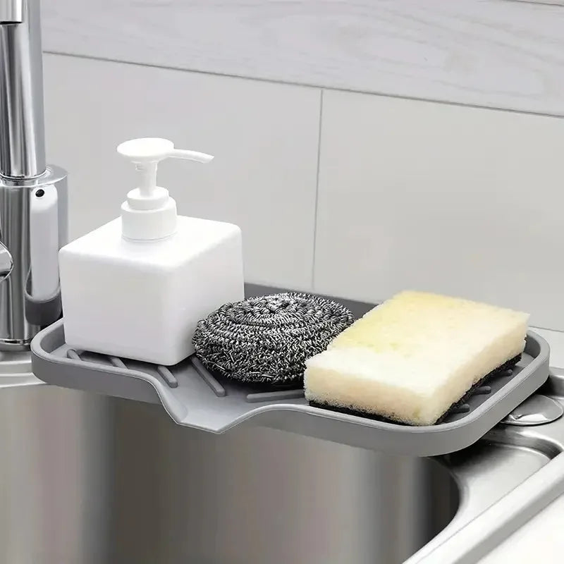 Silicone Sink Tray With Drain | Soap Sponge Storage Holder | Countertop Scrubber Brush Storage Rack | Kitchen Organizer