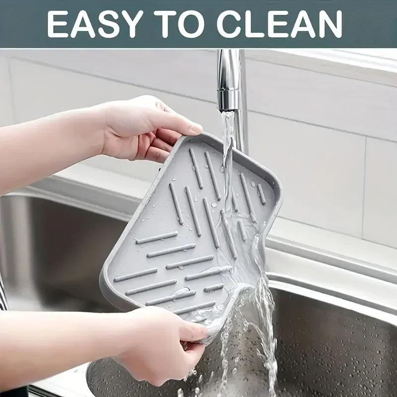 Silicone Sink Tray With Drain | Soap Sponge Storage Holder | Countertop Scrubber Brush Storage Rack | Kitchen Organizer