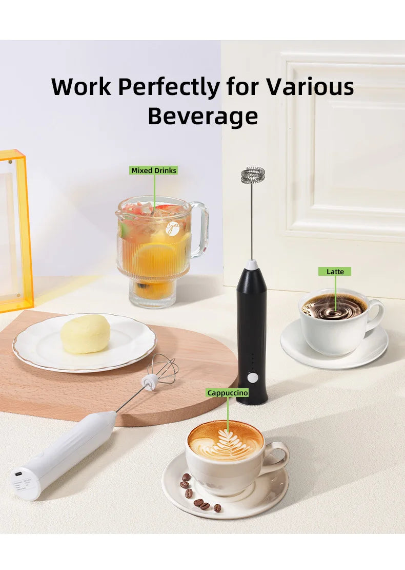 USB Rechargeable 3-Speed Handheld Milk Frother, Egg Beater & Drink Mixer for Coffee, Latte and Espresso