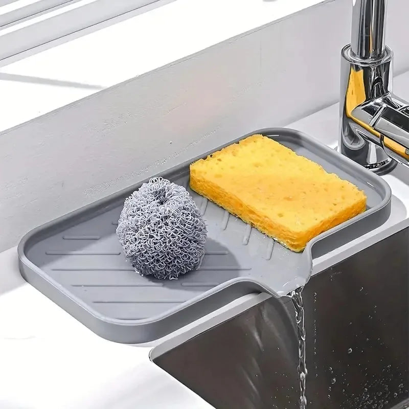 Silicone Sink Tray With Drain | Soap Sponge Storage Holder | Countertop Scrubber Brush Storage Rack | Kitchen Organizer