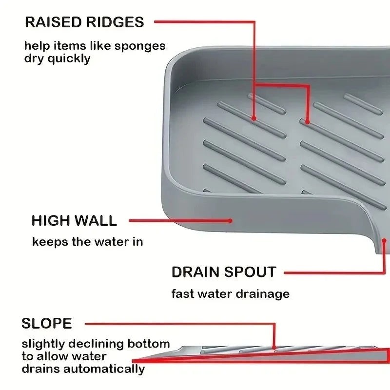 Silicone Sink Tray With Drain | Soap Sponge Storage Holder | Countertop Scrubber Brush Storage Rack | Kitchen Organizer