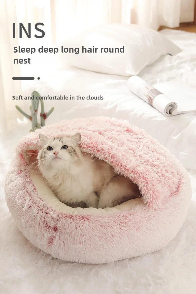 Autumn Winter Soft Plush Pet Bed — Semi-Enclosed Cat Nest | Warm Comforter Shell Cat House | Cozy Kitten & Small Dog Sleeping Nest