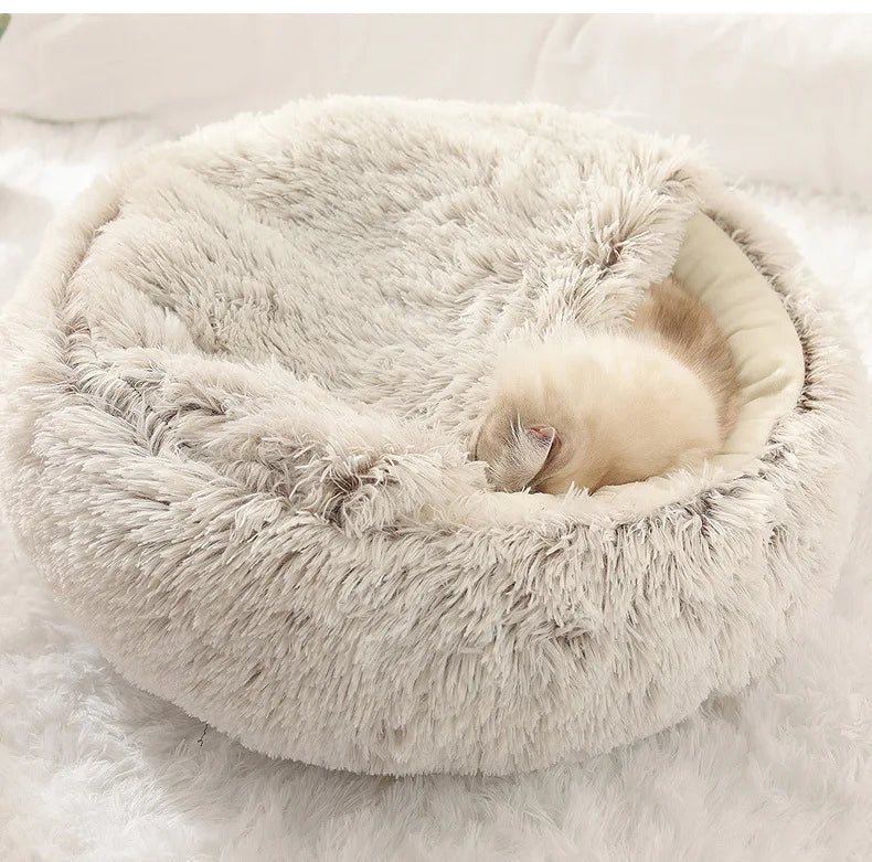 Autumn Winter Soft Plush Pet Bed — Semi-Enclosed Cat Nest | Warm Comforter Shell Cat House | Cozy Kitten & Small Dog Sleeping Nest