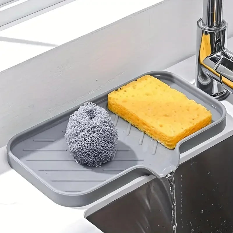 Silicone Sink Tray With Drain | Soap Sponge Storage Holder | Countertop Scrubber Brush Storage Rack | Kitchen Organizer