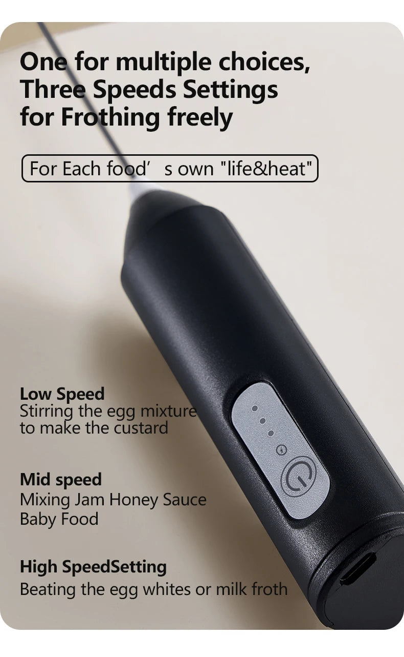 USB Rechargeable 3-Speed Handheld Milk Frother, Egg Beater & Drink Mixer for Coffee, Latte and Espresso
