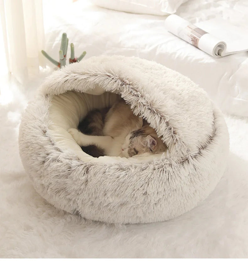 Autumn Winter Soft Plush Pet Bed — Semi-Enclosed Cat Nest | Warm Comforter Shell Cat House | Cozy Kitten & Small Dog Sleeping Nest
