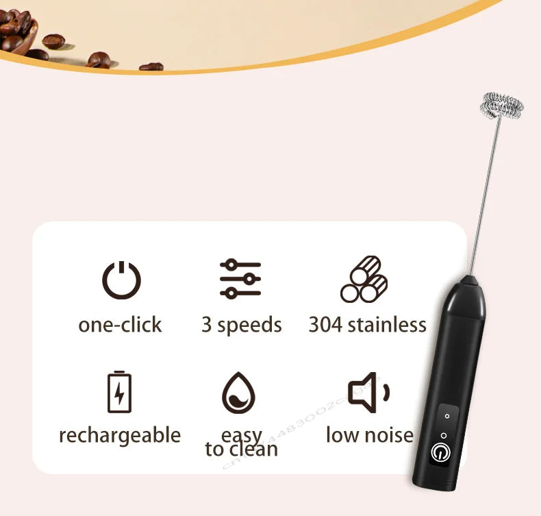 USB Rechargeable 3-Speed Handheld Milk Frother, Egg Beater & Drink Mixer for Coffee, Latte and Espresso