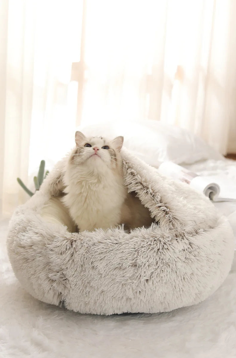 Autumn Winter Soft Plush Pet Bed — Semi-Enclosed Cat Nest | Warm Comforter Shell Cat House | Cozy Kitten & Small Dog Sleeping Nest